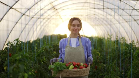 feliz mujer granjera caminando con una canasta con verduras y pimientos recién cosechados