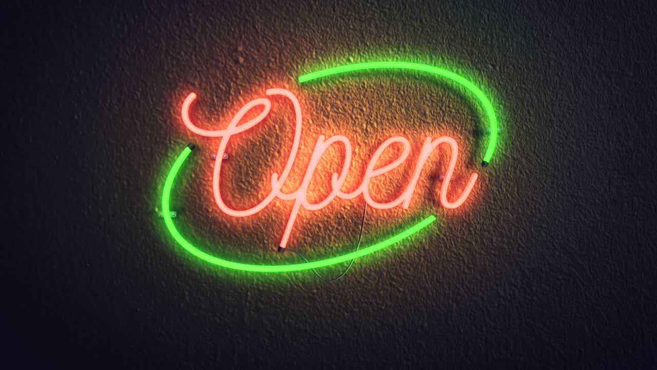 Realistic 3D render of a vivid and vibrant animated neon sign, with the word Open illuminated, with a concrete wall background