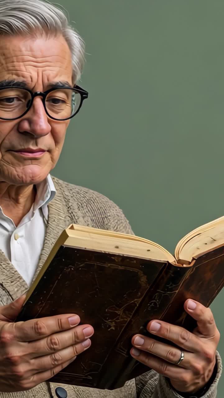 Vertical video: Turning pages, senior man reading against muted green wall, with leather-bound book