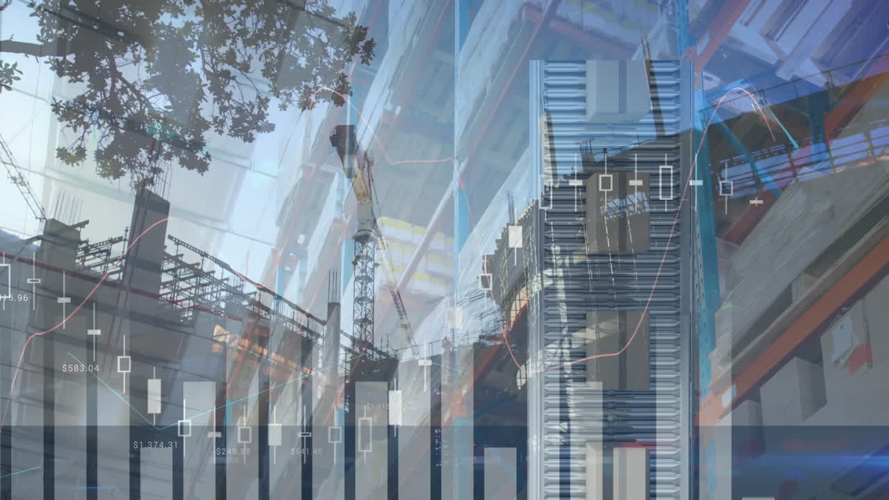 animación del procesamiento de estadísticas sobre cajas de cartón en cintas transportadoras y obras de construcción