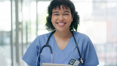 face, woman or doctor with a tablet