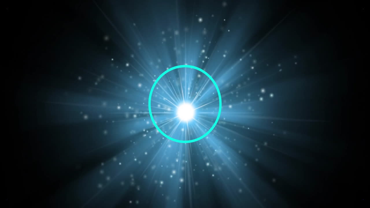 Animation of neon circle and glowing light spots moving over black background