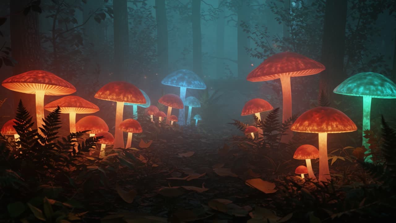 A Mystical Forest Path Featuring Vibrant Bioluminescent Mushrooms in Shades of Blue and Red, Surrounded by Lush Greenery and a Dreamy Foggy Atmosphere