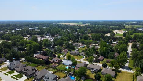 drone flying over houses and trees on a sunny day in a small town near london, ontario