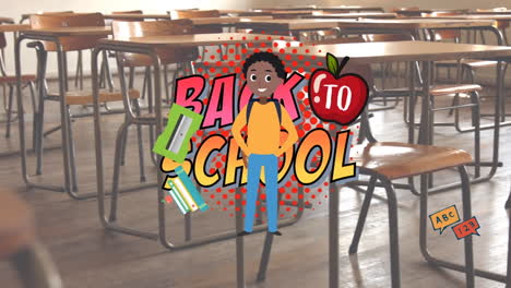 animación de iconos de artículos escolares y texto de regreso a la escuela sobre el aula vacía