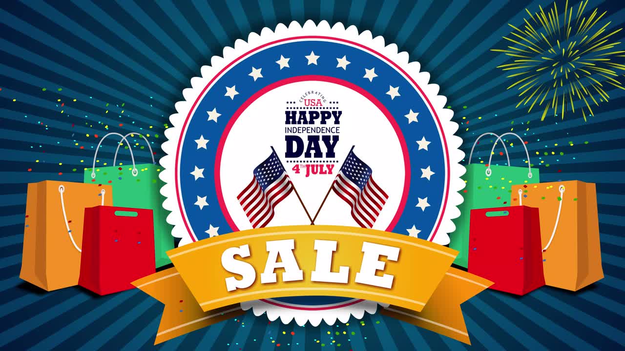 7월 4일 독립기념일 축하 애니메이션 및 질감 있는 파란색 배경과 미국 국기가 포함된 판매 제안