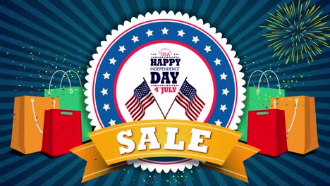 animación de celebración del 4 de julio con saludos para el día de la independencia y ofertas de venta con un fondo azul texturizado y banderas americanas