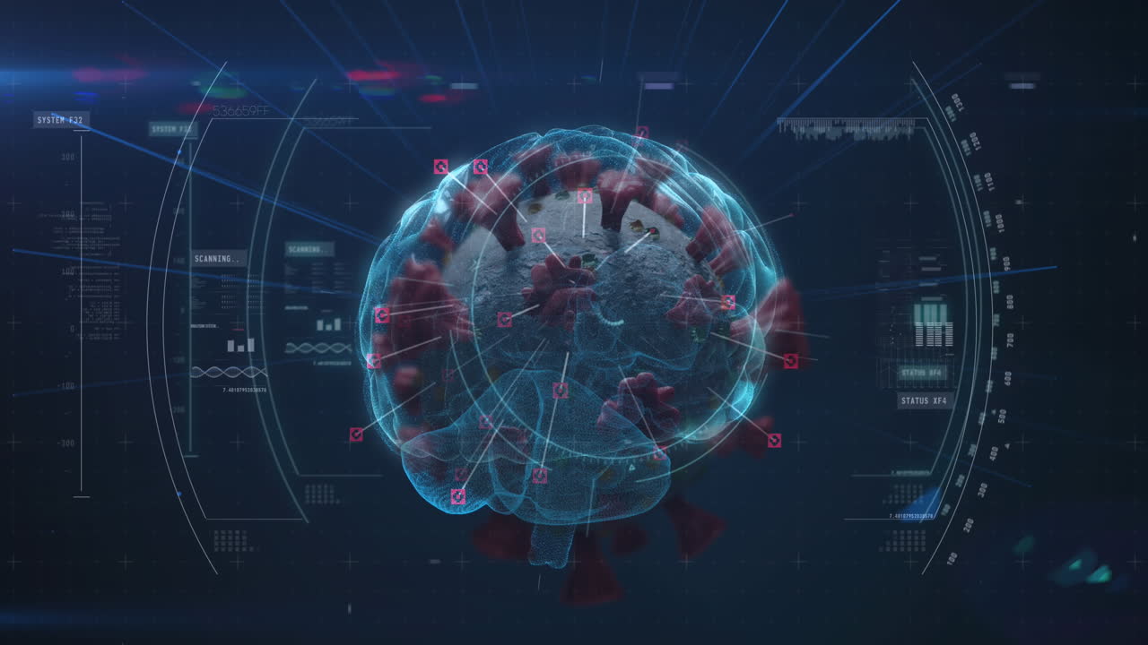 animación de las células de covid-19 con el cerebro humano a través del escaneo de alcance