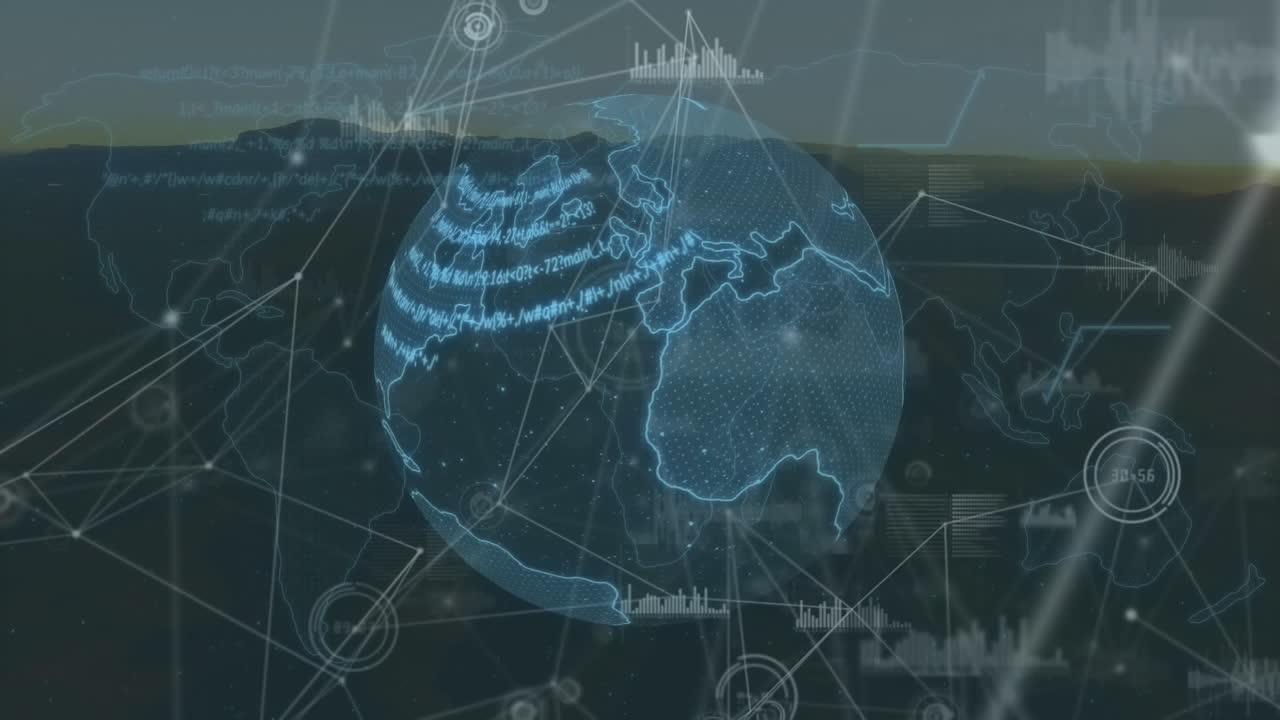 Animation of globe over network of connections and data processing