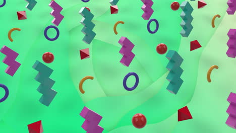 colorful geometric shapes floating over green background animation