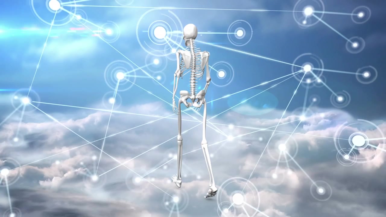 Animation af netværk af forbindelser og databehandling over menneskeskeletmodel