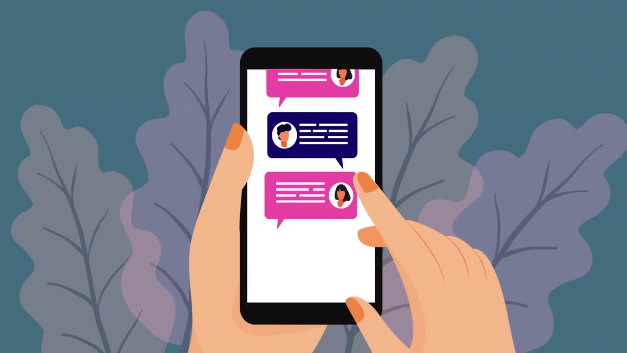 animación de una persona que usa redes sociales de teléfonos inteligentes sobre hojas