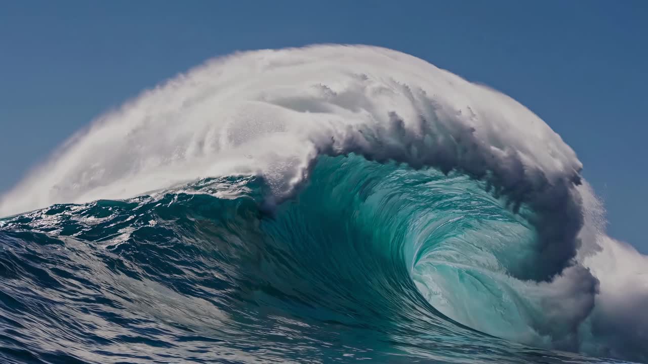 Dynamic video shot capturing a powerful ocean wave from a low angle, emphasizing the wave's curl