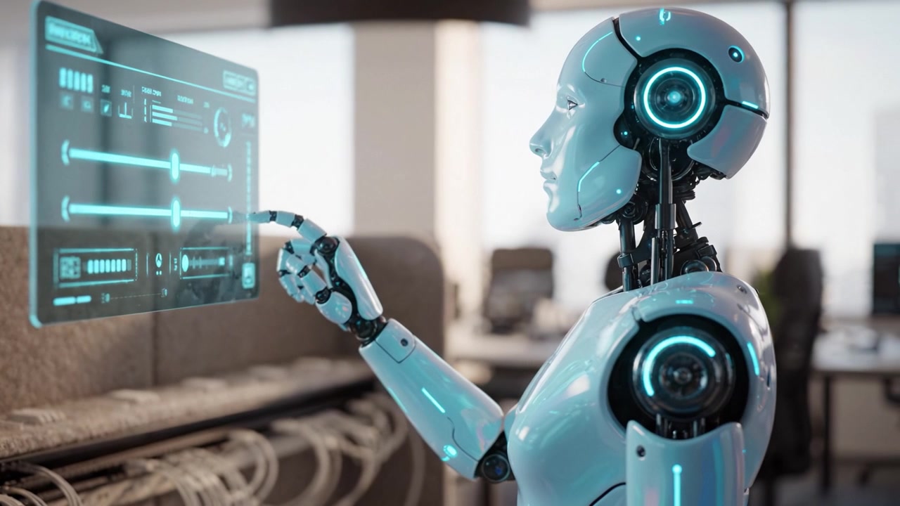 Futuristic humanoid robot interacting with an advanced digital interface in a modern office, showcasing cutting-edge technology and AI innovation in a sleek environment.