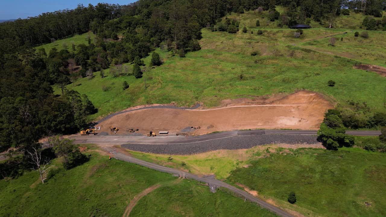 Aerial footage of roadworks on Kyogle Road near Mount Burrell in Northern New South Wales, Australia