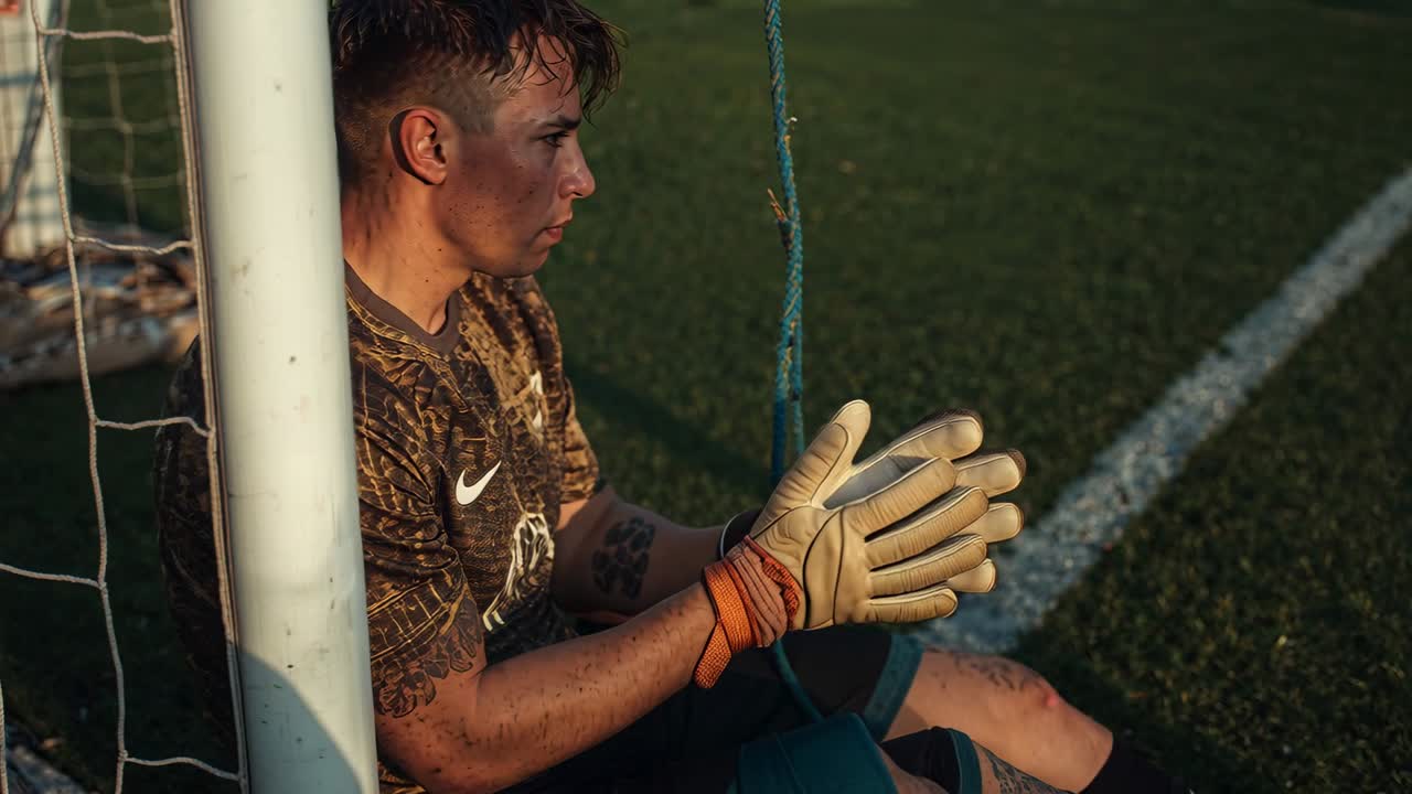 Vertical video: Lifting head goalkeeper rubbing gloves at goalpost, camo jersey stained after save