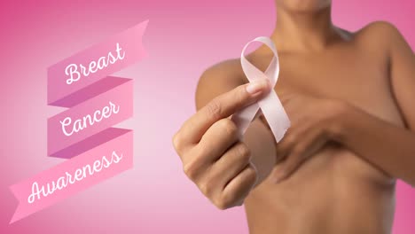 animation of pink breast cancer text over women covering the breast