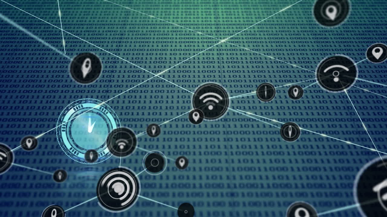 Animation of network of connections with icons over data processing and clock on blue background