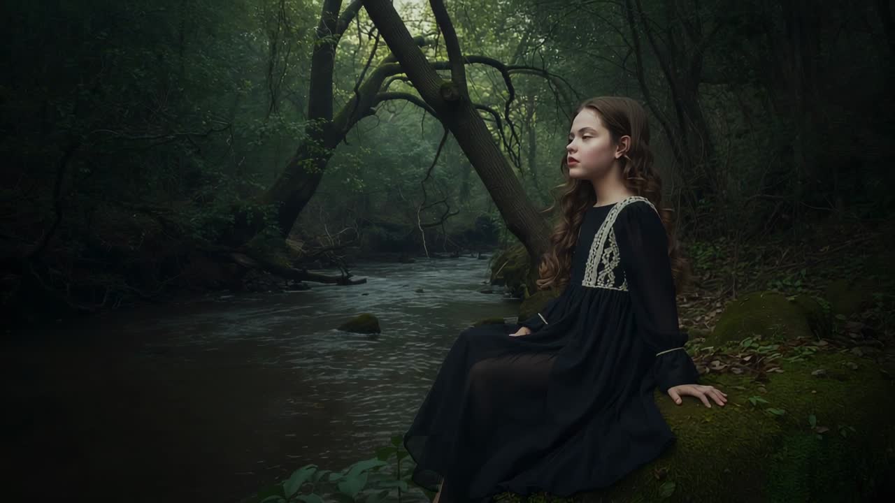 Noticing offscreen motion, teen lifting and turning on moss by creek in lace dress, copy space