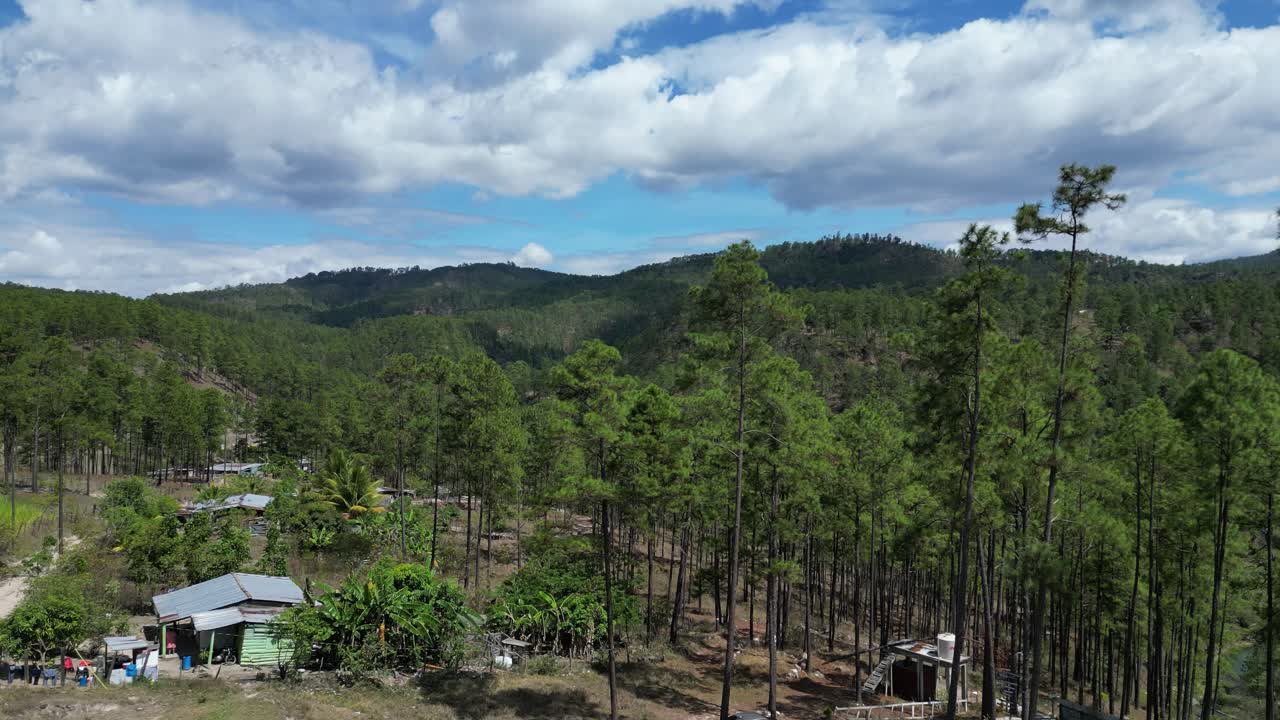 Aerial view of rural neighborhood in Honduran village in middle of forest