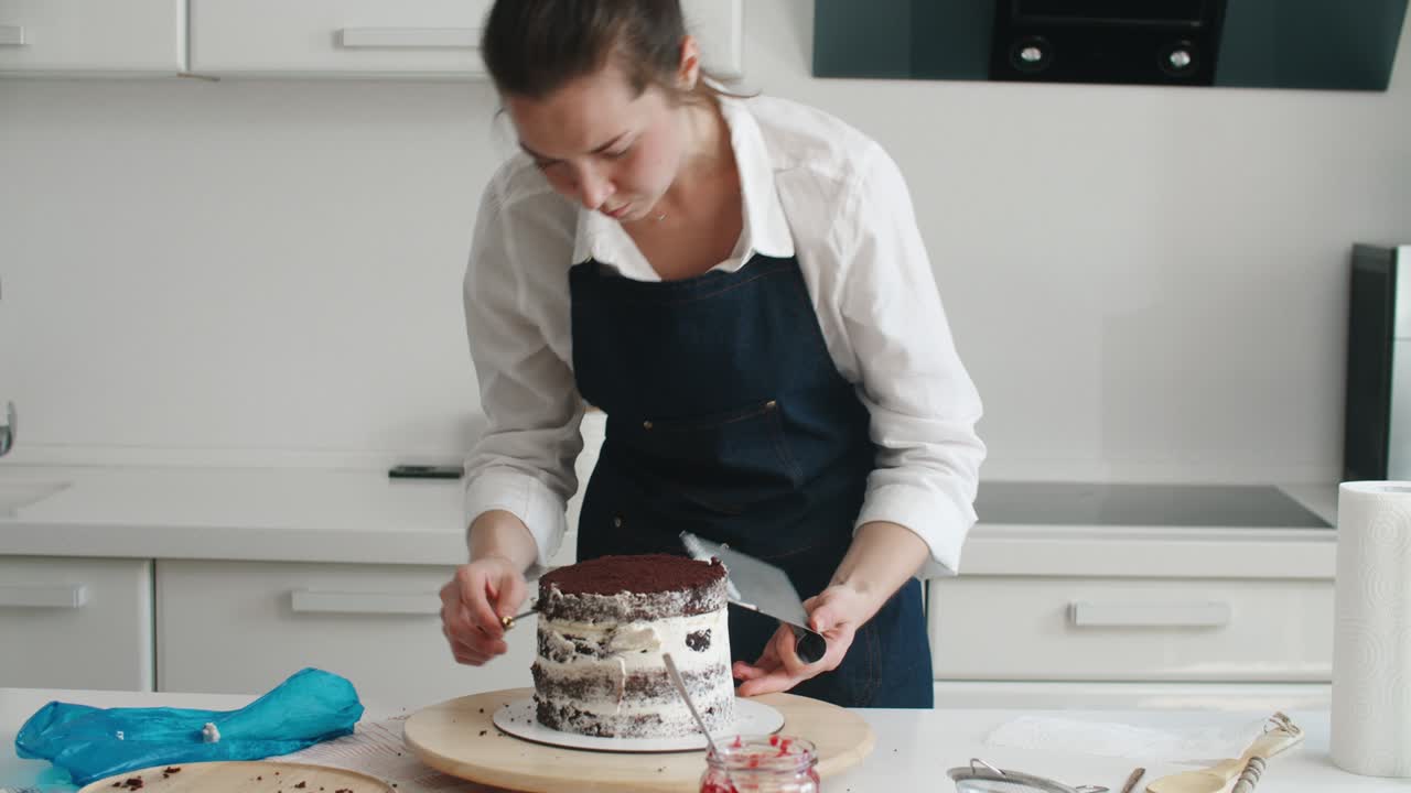 Donna che prepara una torta al cioccolato in cucina, primo piano. Processo di preparazione della torta, messa a fuoco selettiva.