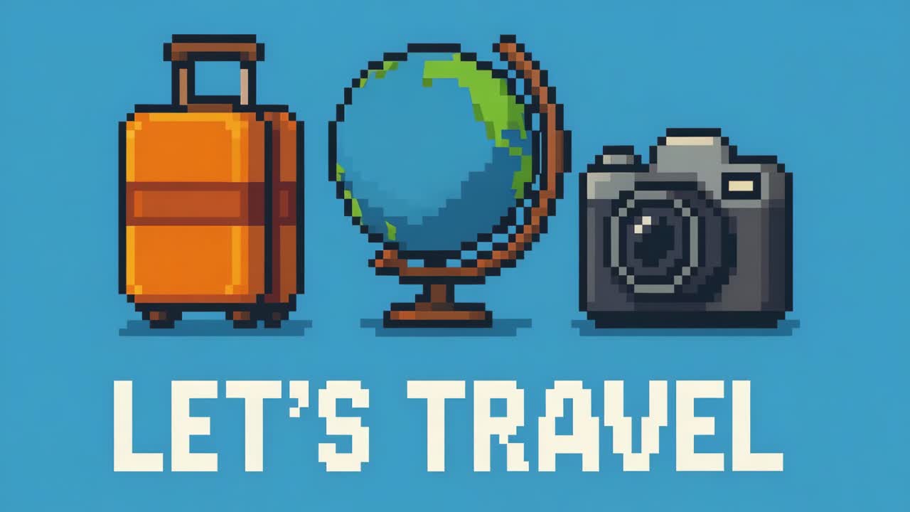 Pixel art illustration featuring a vibrant orange suitcase, a globe, and a camera, capturing the essence of travel and adventure in a playful design