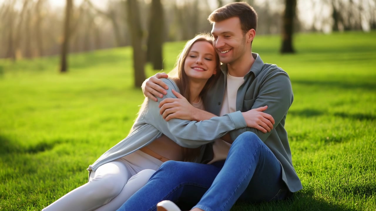 Pareja joven sentada en el césped, abrazándose y sonriendo durante la hora dorada en un parque. El hombre abraza a la mujer.