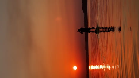 sup boarding on the calm river at sunset. male black silhouette standing on the board and rowing with a paddle. vertical video.