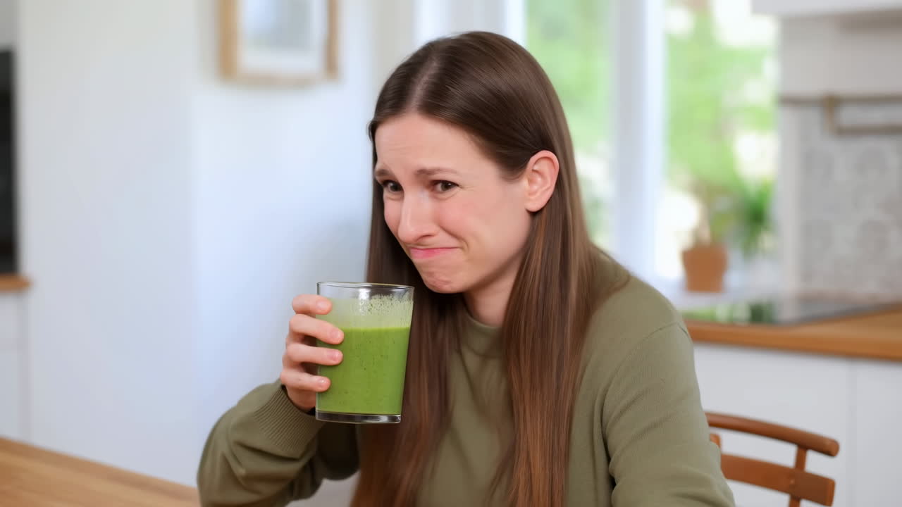 Giovane donna che reagisce con disgusto dopo aver bevuto uno smoothie verde