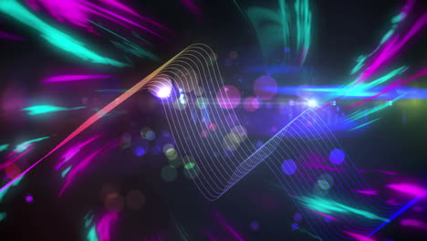 animation of music sheet lines with light trails moving over glowing spotlights
