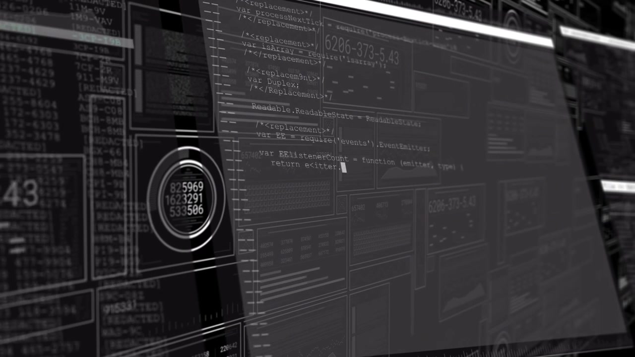 After 3D grid receding, translucent code panel sliding up, revealing live data sequences