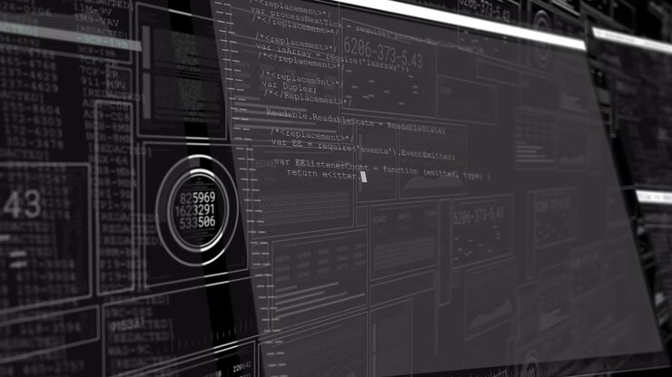 Efter 3D-renderingens tilbagetrækning glider et gennemskinneligt kodepanel op og afslører live datasekvenser