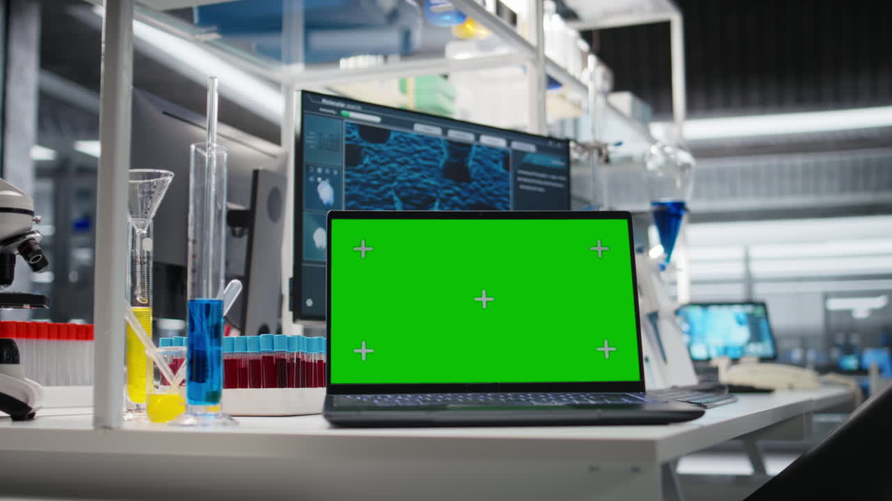 Close Up Of Green Screen Laptop And Computer Program In Laboratory