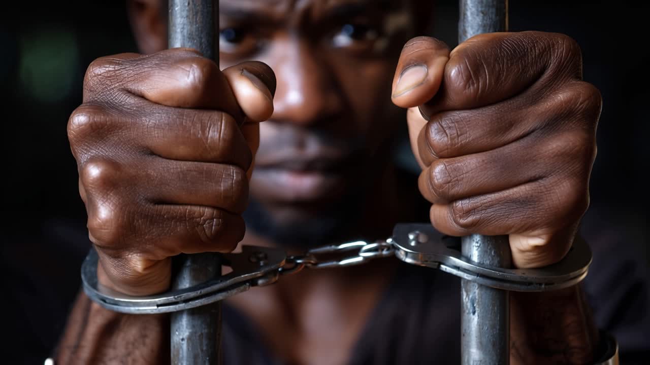 Dark skin hands grip prison bars tightly. Prison bars frame a man's intense, weary gaze. Cuffed hands show defiance through confinement. Emotion is quiet, heavy, and unspoken