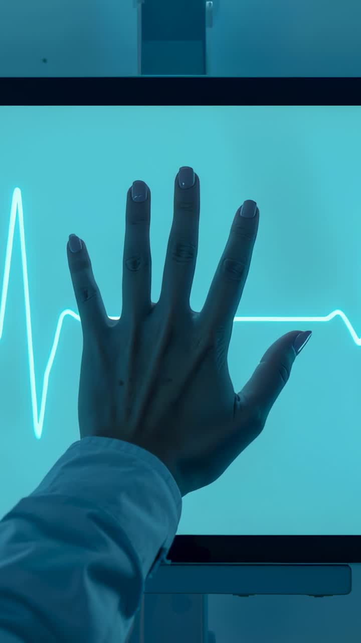Video verticale: mano destra che si avvicina con un camice da laboratorio che preme su un monitor medicale, appiattimento dell'ECG