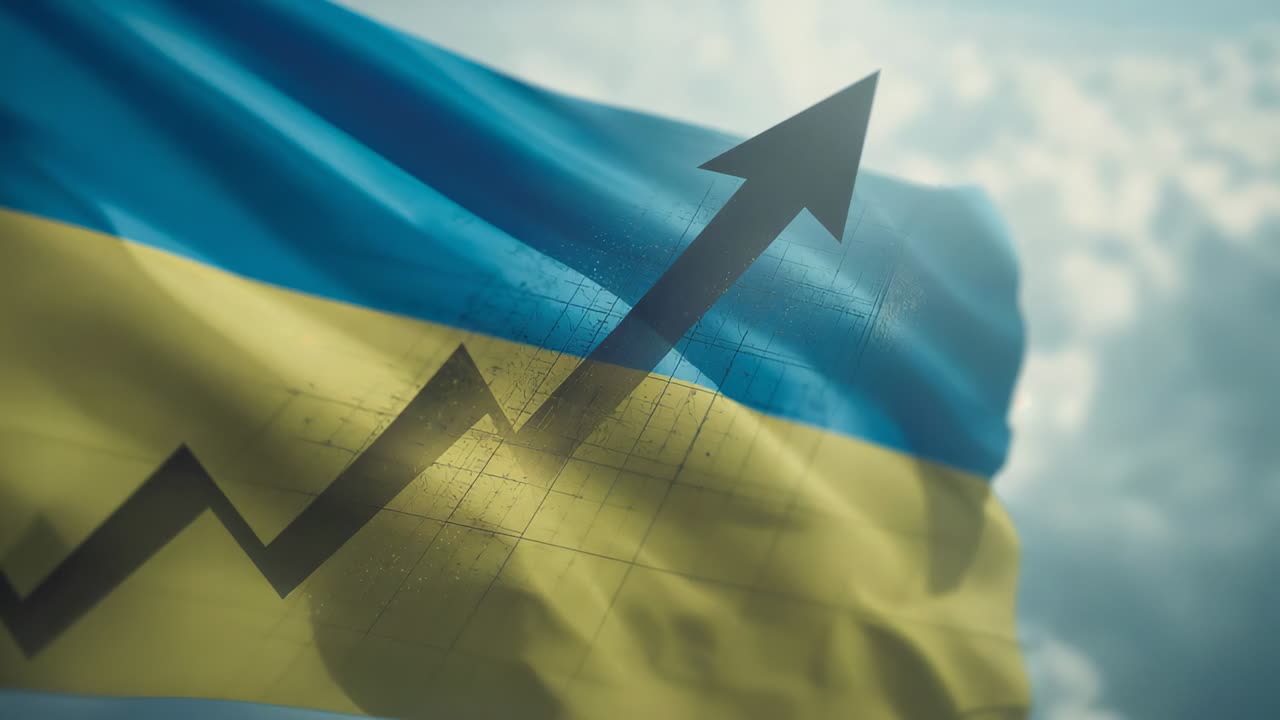 Rippling Ukrainian blue yellow flag showing rising arrow and grid over bright sky, signaling gains