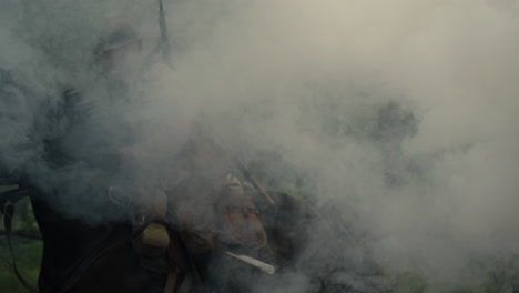 historical warfare scene in a smoky forest