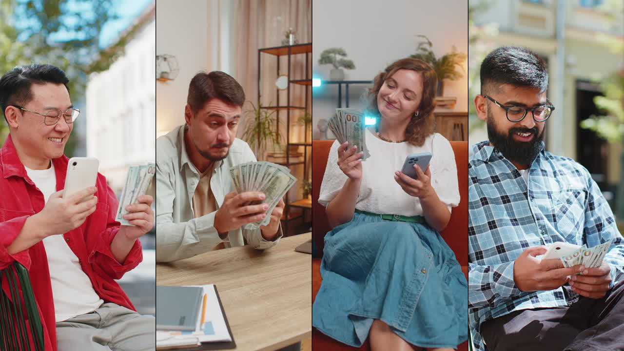Collage of happy rich people men women with smartphone money dollar cash counting earnings salary