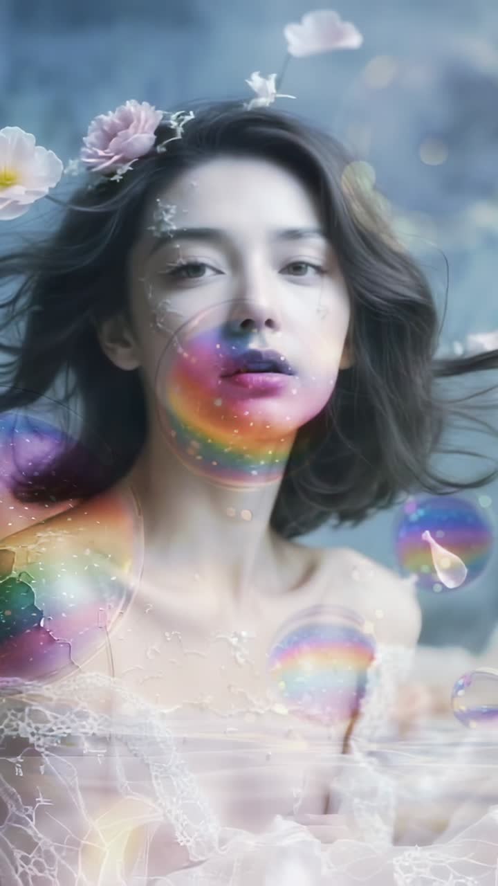 Vertical video: Fading overlays on Asian model in lace top gazing on set, petals swirling