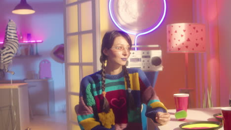 stylish woman in retro-inspired interior