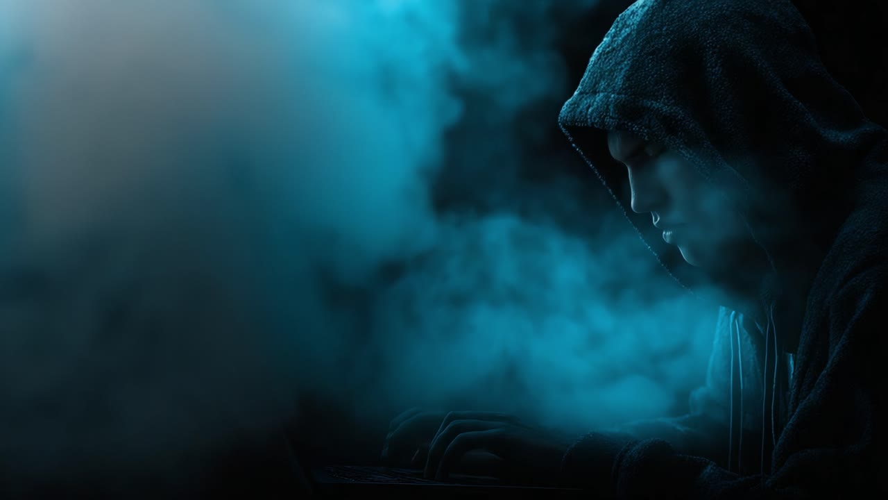 Mysterious Figure Engaged in Deep Concentration Amidst a Blue-Hued Fog, Typing Intently on a Laptop in a Darkened Space, Evoking Themes of Secrecy and Intrigue