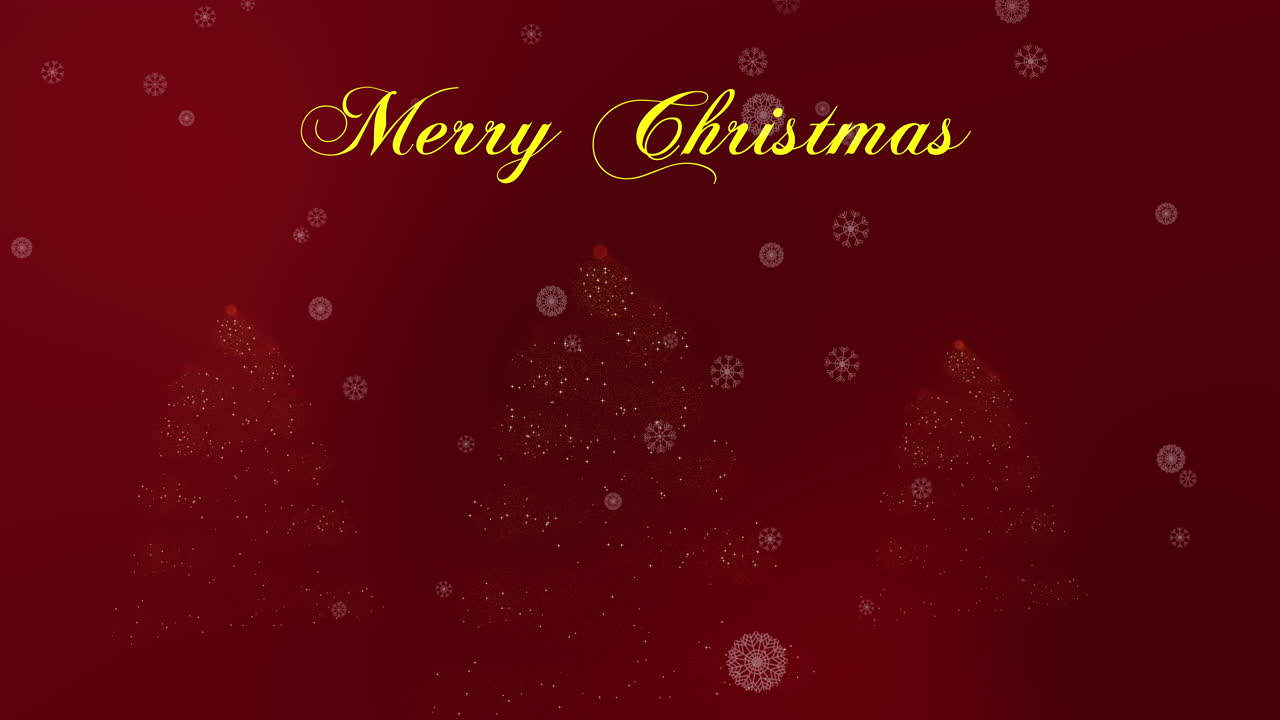 어두운 빨간색의 눈송이와 함께 나타나는 마법의 나무와 함께 즐거운 크리스마스 타이틀