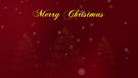 merry christmas title with magical trees appearing with snow flakes in dark red