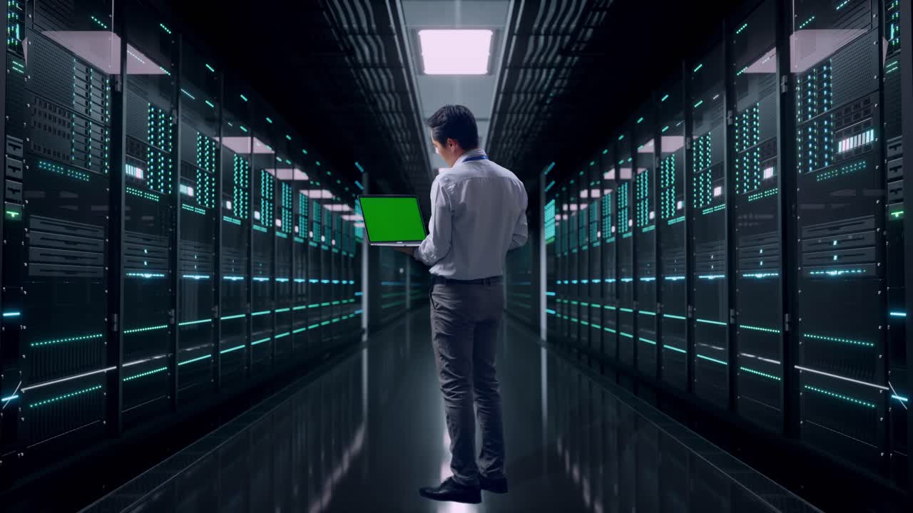 Full Body Back View Of An Asian Male Professional Worker Standing in Server Room Data Center, Typing On Laptop'S Keyboard With Green Screen And Look At The Factory Once