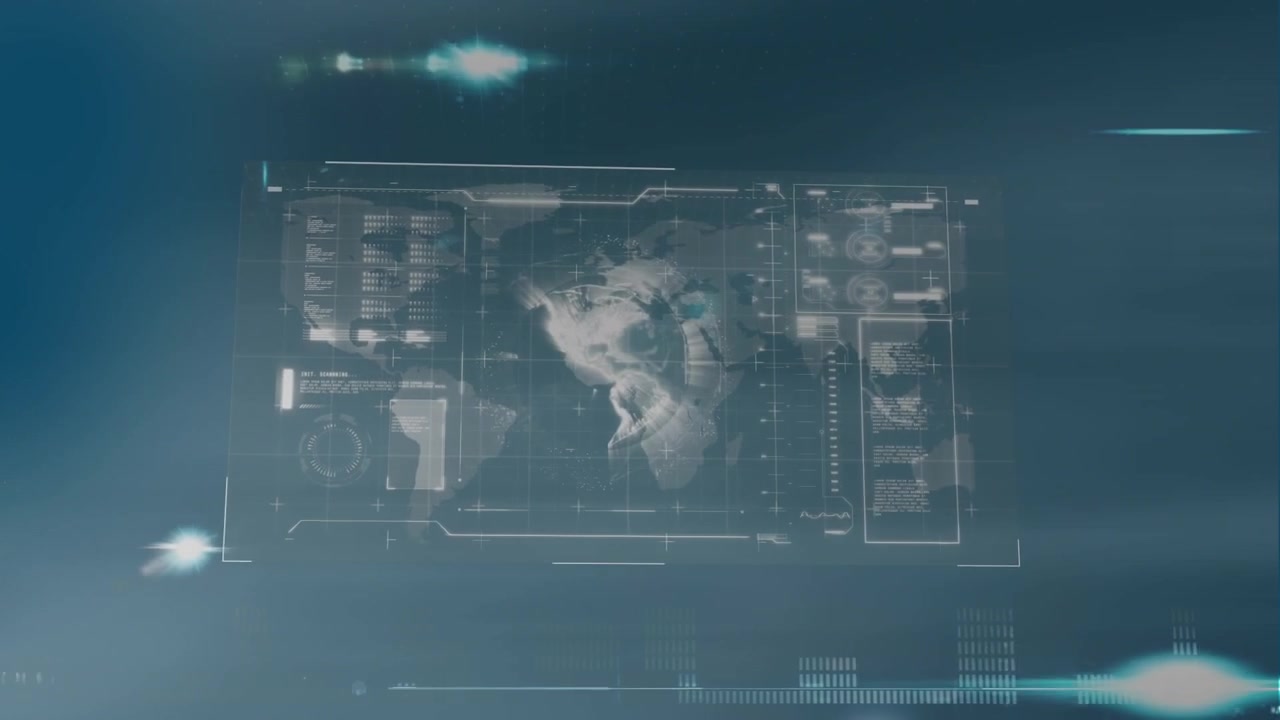 Animazione di un globo, barre di caricamento e linguaggio informatico su uno sfondo astratto.