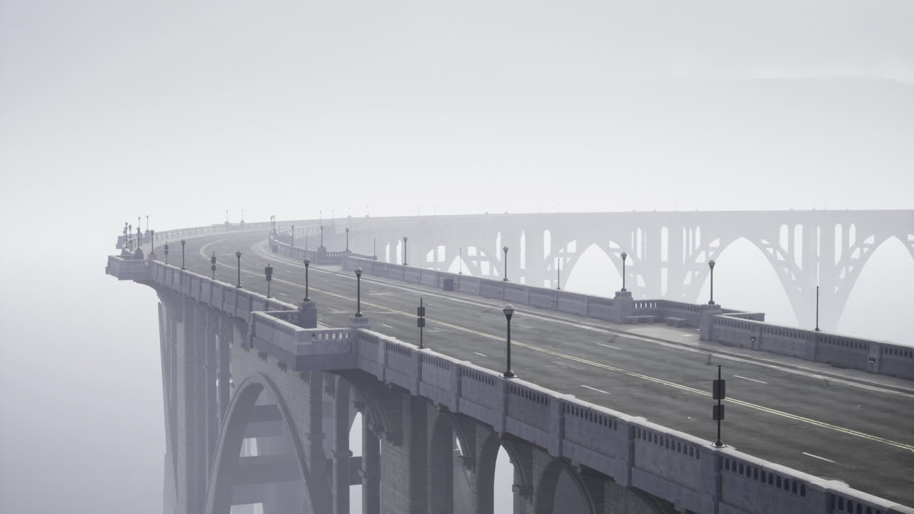 Cloudy day view of a long bridge with a foggy atmosphere in an urban area