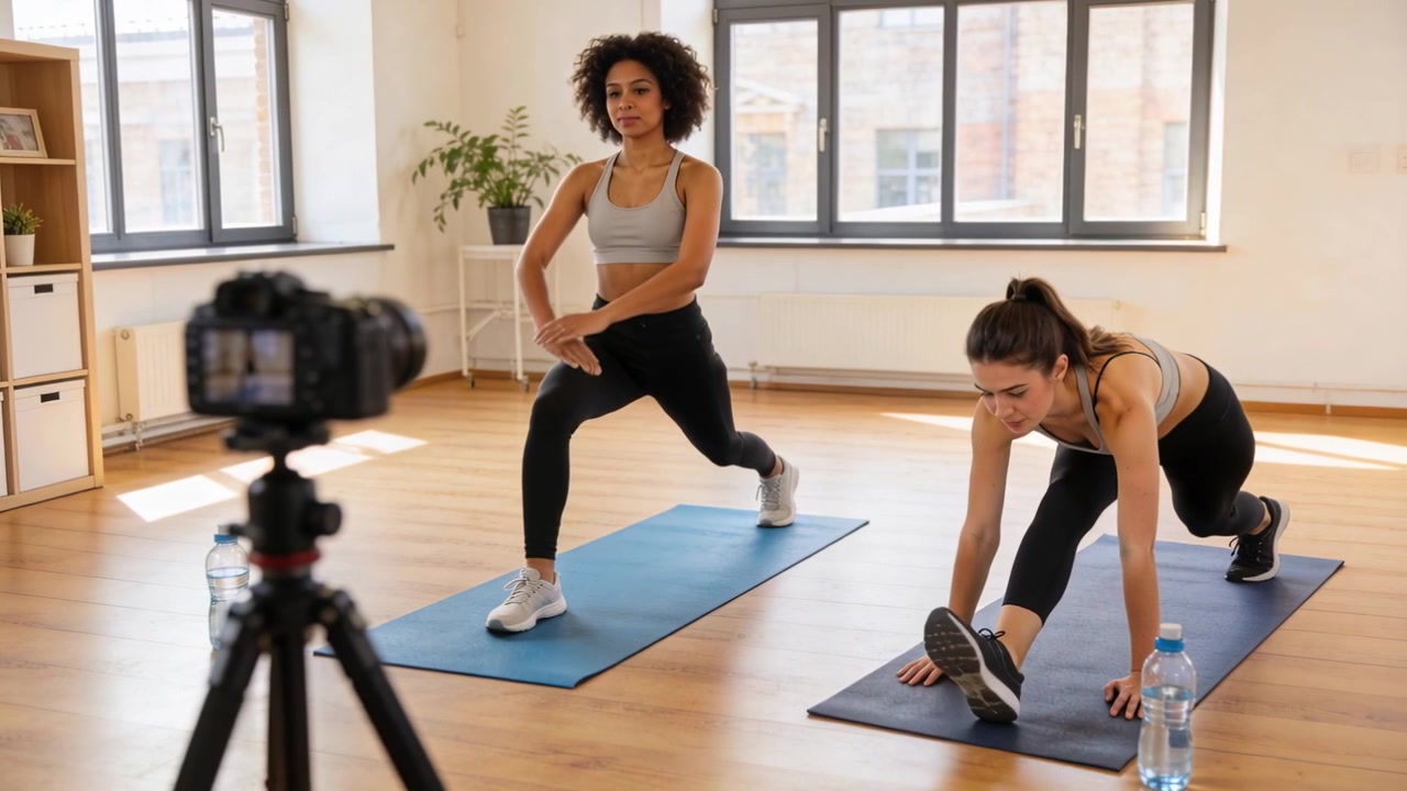 Filming on tripod, two women doing lunges, stretching in fitness studio in sportswear on mats