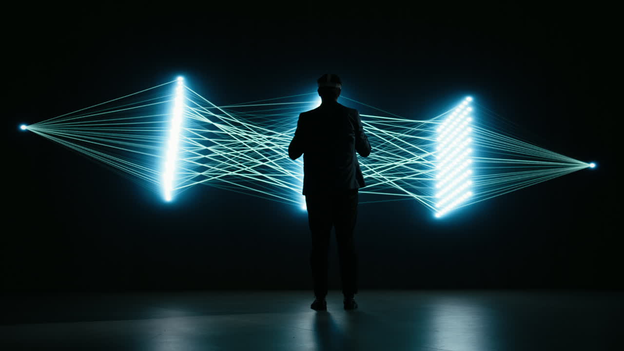 Pessoa com headset VR e rede neural brilhante.