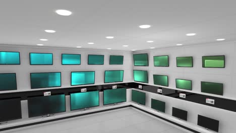 Animation-of-rows-of-television-sets-with-glowing-green-screens-in-store