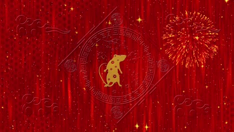 lunar new year, spring festival background with golden rat, fireworks, glittering stars and clouds. chinese new year animation for holiday event. 3d rendering seamless loop 4k video